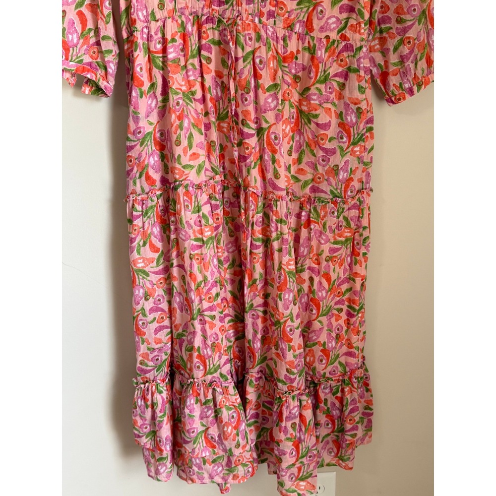 Banjanan Midi Dress Womens XS Pink Floral Cotton Pintuck Tiered Boho - Picture 5 of 9